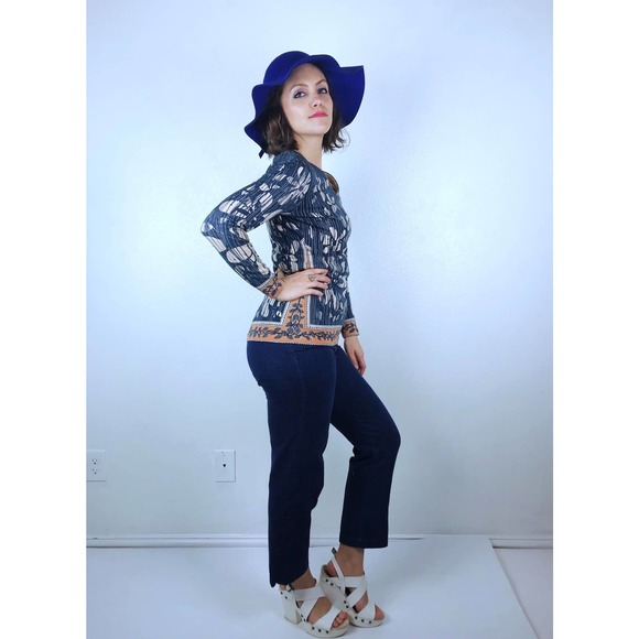 vintage 60s Dusty Blue FLOWER POWER Psychedelic Knit crazy daisy nylon jumper - Picture 3 of 10